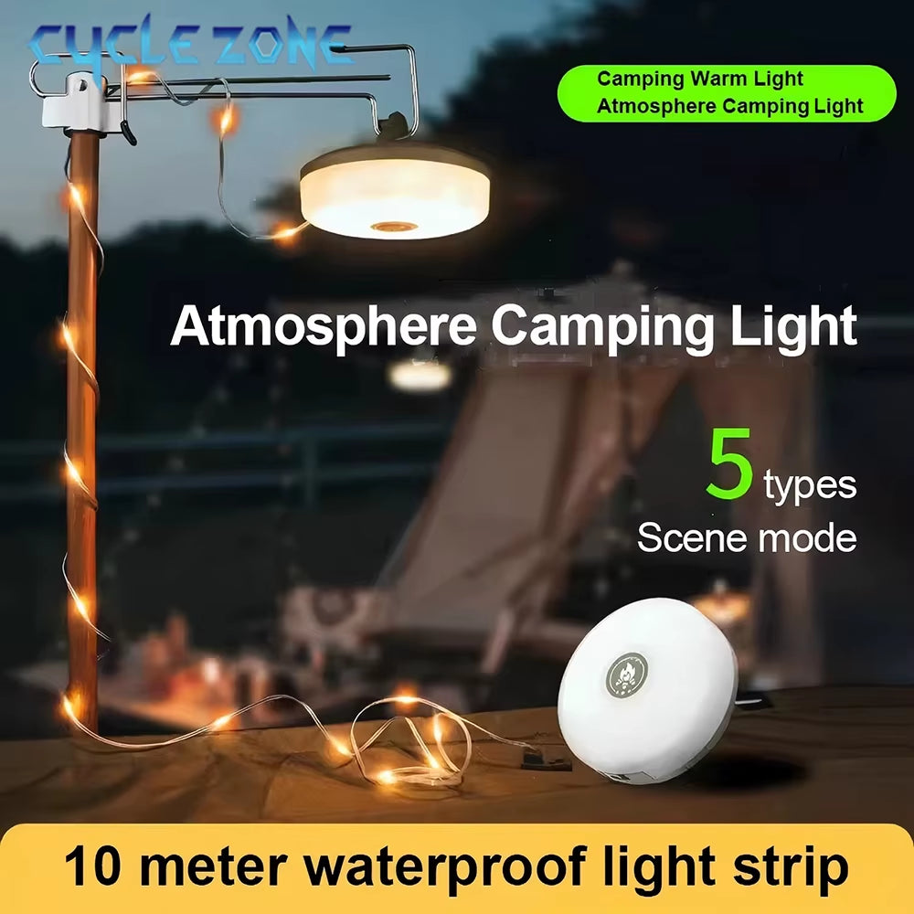 LED Camping Lamp with Reel Strip Light Atmosphere Lights 10M Recyclable Light Belt Outdoor Garden Decoration Lamp for Tent Room